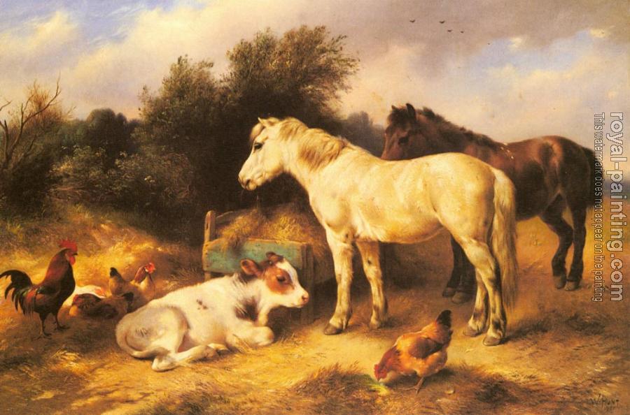 Walter Hunt : Ponies, A Calf and Poultry In a Farmyard